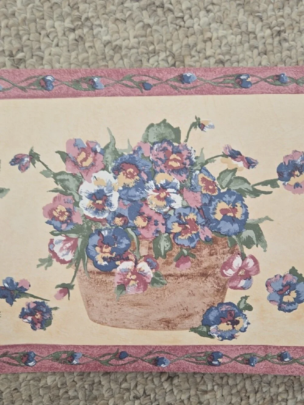 Vintage Sunworthy Floral Basket Wallpaper Border – Cream, Pink, Blue, Green